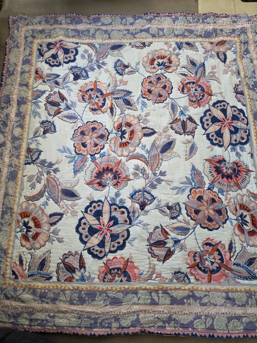Anthropologie Brynne Floral Quilt And Two Shams in Coral, Navy & Lavender